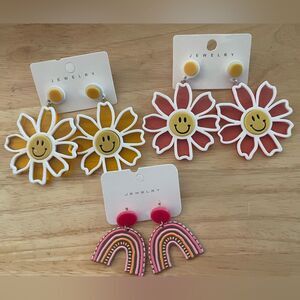Set of three fun earrings Smiley Face Sunshine rainbows happy days smile jewelry